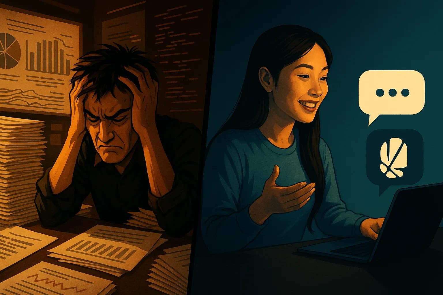 Illustration showing traditional CRO stress vs. AI-powered optimization with Cuped.ai