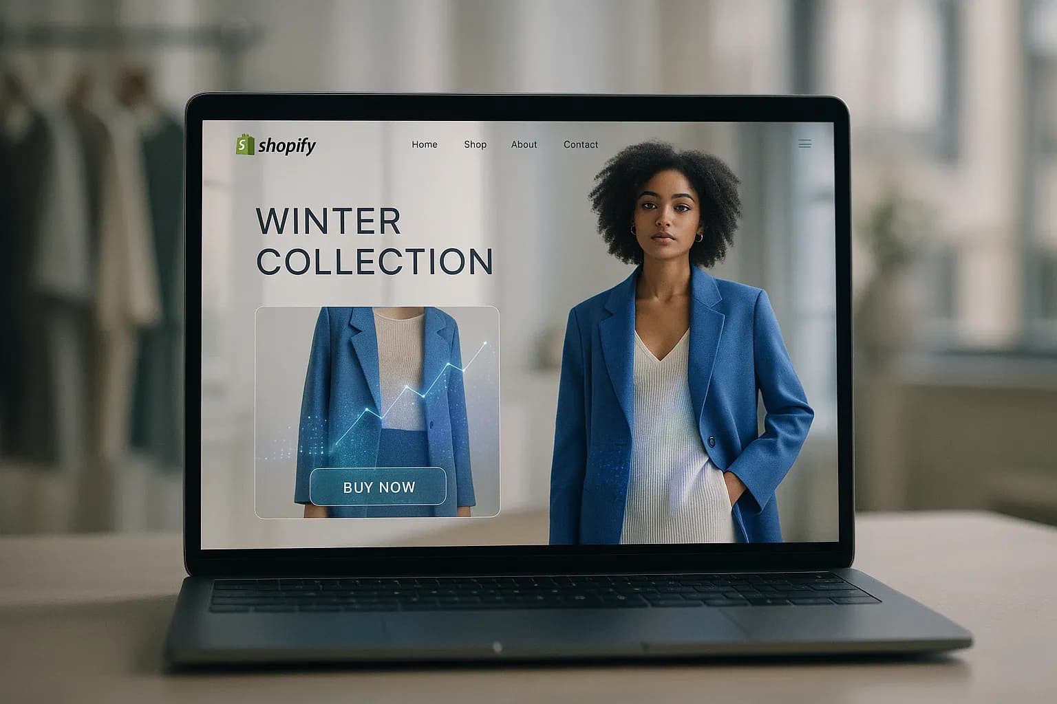 a modern e-commerce website on a laptop screen, with subtle glowing AI-driven optimization elements overlaid on the site